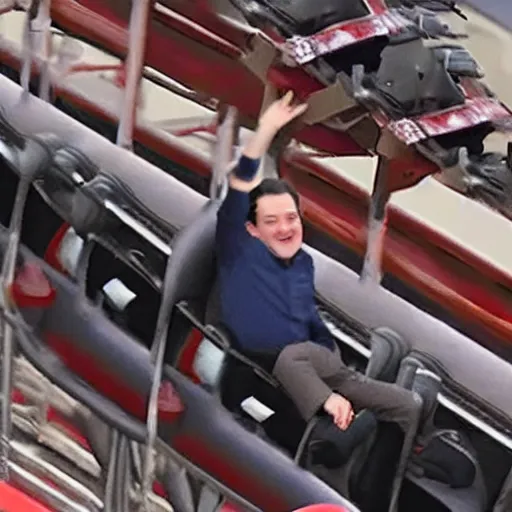 Image similar to Ted Cruz riding a roller coaster,photoreal