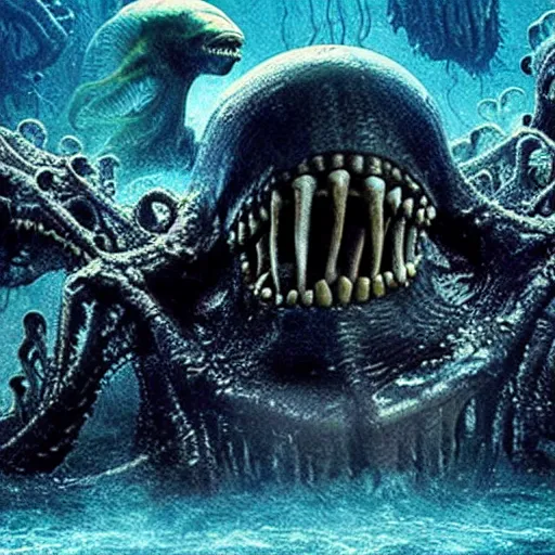 Image similar to Ridley Scott movie about Lovecraftian Deep Ones rising from the sea.