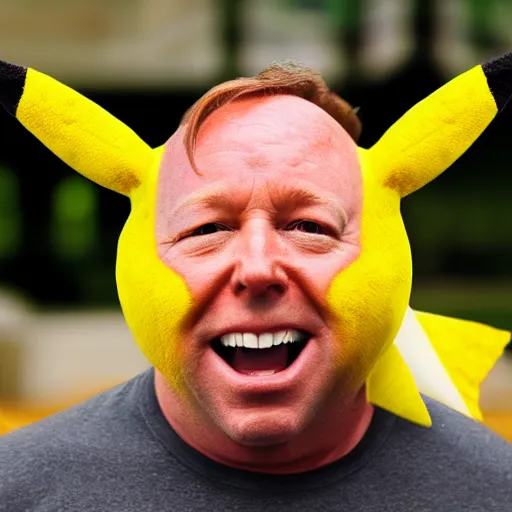 Prompt: stunning portrait photograph of Alex Jones cosplaying as Pikachu by the genius photographer of our era, 8K HDR hyperrealism