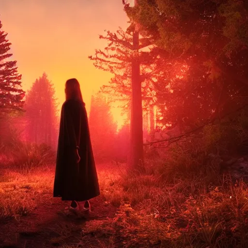 Prompt: a girl glowing with neon colors in the foreground holding a white candle in the distance, and a man in a black cloak walking in the woods behind, at sunset, octane render, realistic lighting, full frame,