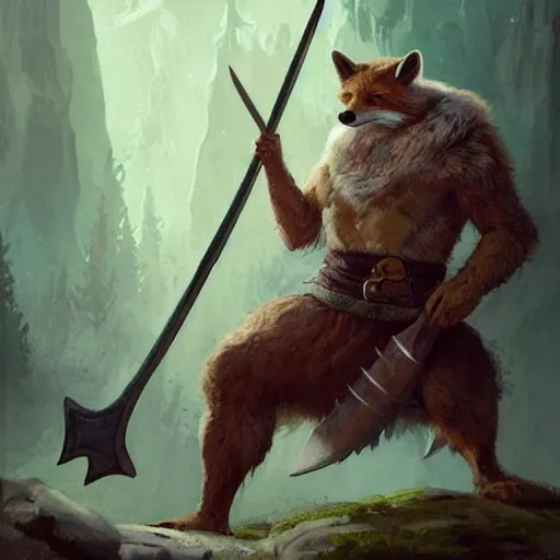 Prompt: an anthropomorphic fox warrior with green fur and a beard, holding an viking axe in a polar reagion, by greg rutkowski and frank frazetta, intricate, artstation, vibrant, cinematic, style of magic : the gathering