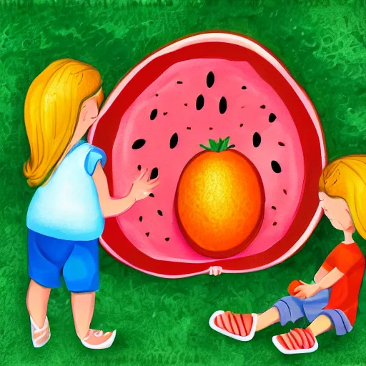 Prompt: a cartoon of a watermellon and an orange having a picnic. digital art. children's book illustration