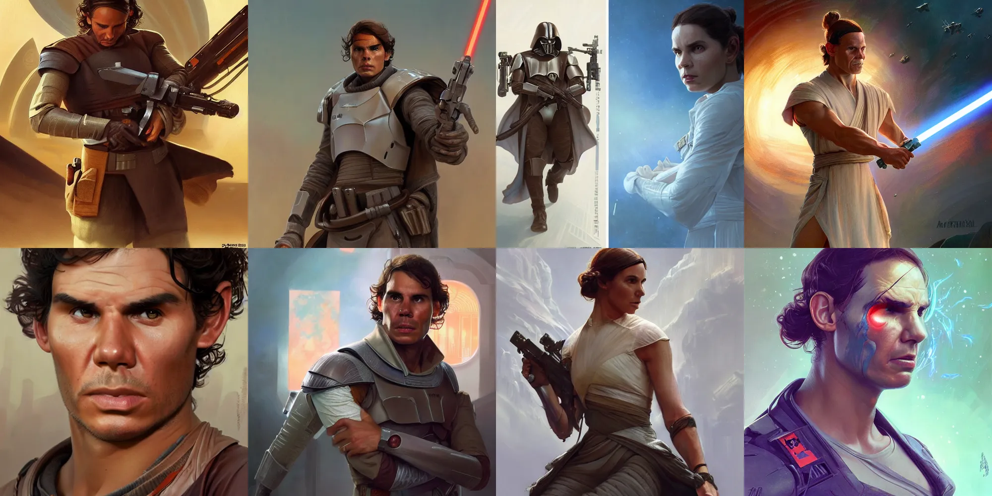 Prompt: Rafael Nadal Star Wars movie character, highly detailed, digital fantasy character, painted portrait, artstation, concept art, hard focus, illustrations, works by artgerm and Greg Rutkowski, Alphonse Mucha and Craig Mullins, James Jean, Andrey Ryabovichev, Mark Simonetti and Peter Morbacher, 16k,