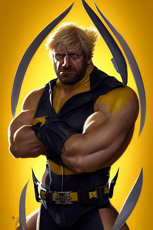 Image similar to Boris Johnson as Wolverine, portrait, yellow X man costume, highly detailed, digital painting, artstation, concept art, smooth, sharp focus, illustration, cinematic lighting, art by artgerm and greg rutkowski and alphonse mucha