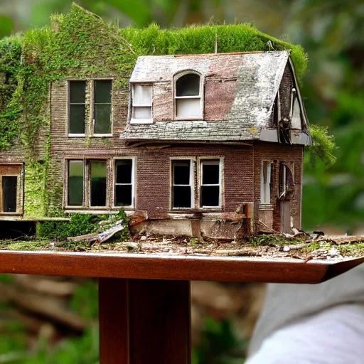 Image similar to a scale model of an abandoned house overtaken by nature sitting on a table inside of the same house