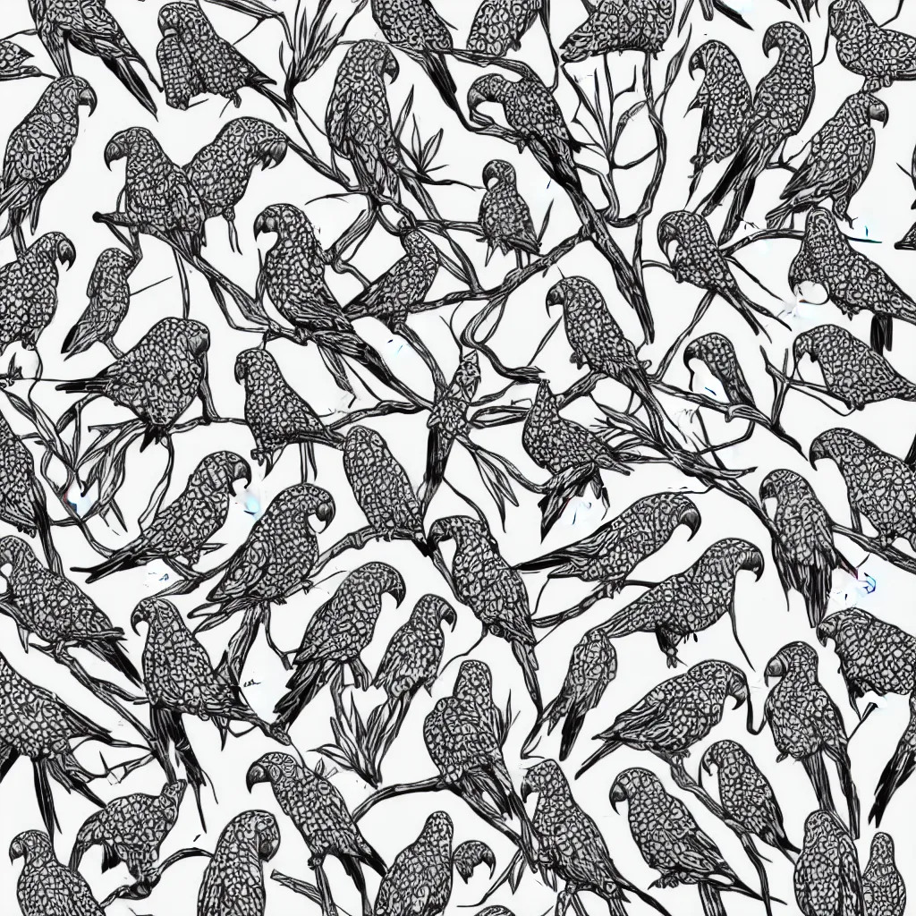 Prompt: seamless pattern of parrots. black and white, drawing, white background, seamless, ornament.