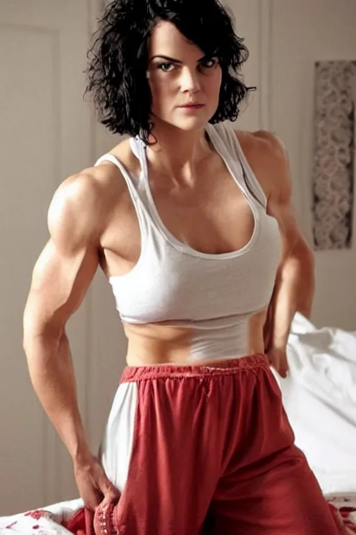 Image similar to realistic photograph. warrior woman, 2 7, in her bedclothes. tight white tanktop shows strong feminine figure. loose comfortable red pajama pants. jaimie alexander. delicate jawline. short hair, straight, ravenblack. faircomplected but tan. tall gracile, but thick ripped jacked vascular buff muscular arms and large ample bust.