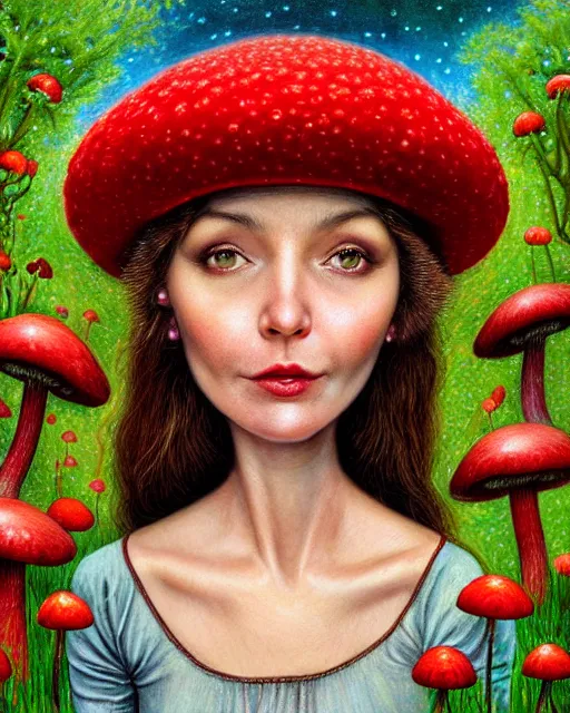 Image similar to highly detailed closeup, of a beautiful brown hair happy woman dressed in a red mushroom hat and clothes, full face view, in a mushroom garden, hyper realistic, psychedelic, illustration, nicoletta ceccoli, mark ryden, lostfish, dan decarlo, bob clampett, max fleischer, digital paint, matte paint, vivid colors, detailed and intricate environment