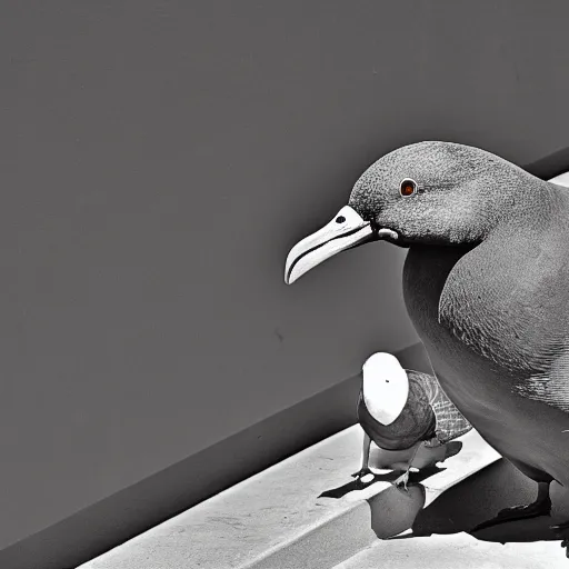 Prompt: a mexican pigeon being complacent with a french platypus spy, in the middle of pissa square, sepia anime style