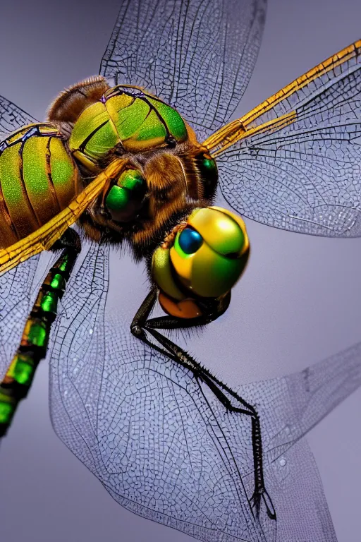 Image similar to a macro photo of a dragonfly, dynamic pose, close - up, intricate details, intricately detailed wings and compound eyes, intricate textures, warm lighting, vivid colors, smoke and mist, realistic octane render, hyper realistic render, volumetric shading, depth of field, raytracing, 8 k,