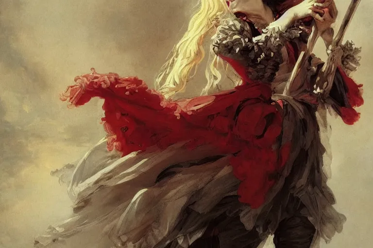 Image similar to a vampire with long light white hair and a red scarf, windy, ribbons, melancholic, modern maximalist harlequin fashion dress, is ( ( holding a golden sword ) ). light dust, magnificent, hyperdetailed, theatrical, painted by jean honore fragonard and greg rutkowski