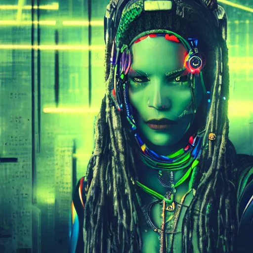 Prompt: Cyberpunk rasta woman, dark atmosphere, cinematic shot, intricate, ornate, photorealistic, ultra detailed, realistic, 35mm, photography, neon, octane, high definition, depth of field, bokeh, 8k, artstation, (alphonse mucha), (hr giger)