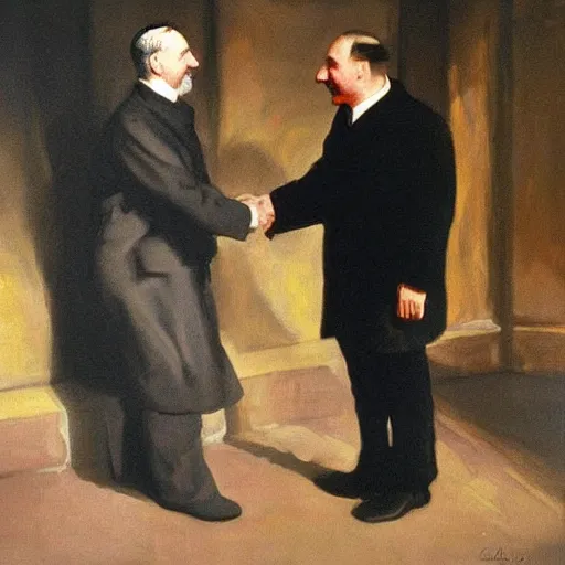 Prompt: painting of Jewish man shaking hands with hitler, John Singer Sargent style