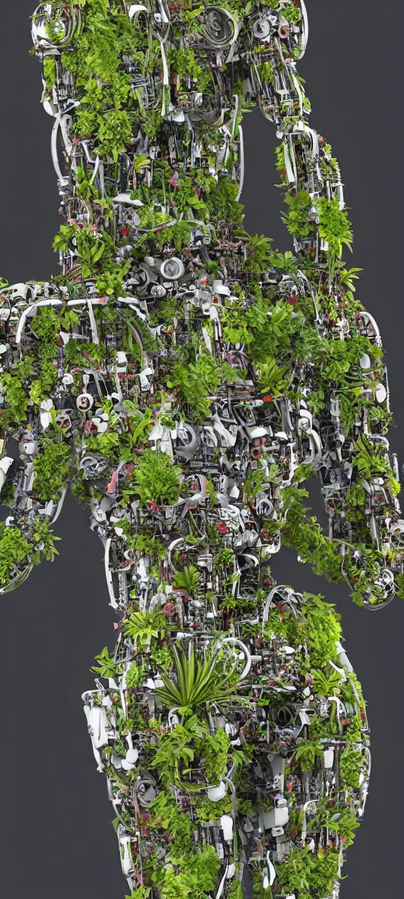 Image similar to robot body degraded and filled with plants, stunning, 4 k, detailed,