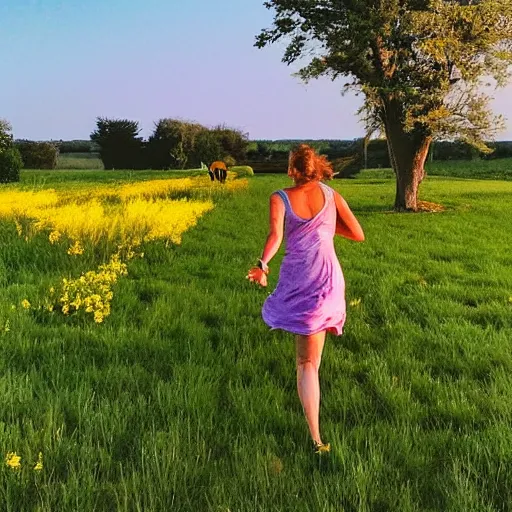 Prompt: “a woman runs sideways to the center of the frame in a yellow sundress at night, full height, in the background a slavic barn and bushes with trees”