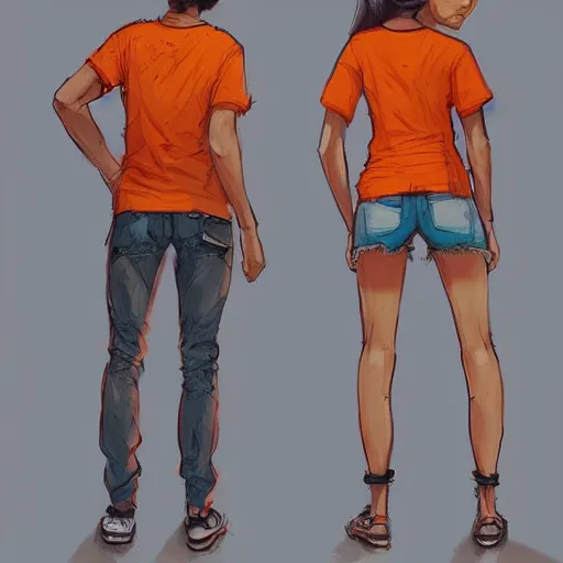 Image similar to man in orange t - shirt hugging from behind girl, vivid colors, character sheet, fine details, concept design, contrast, kim jung gi, greg rutkowski, trending on artstation, 8 k, full body, turnaround, front view, back view, ultra wide angle