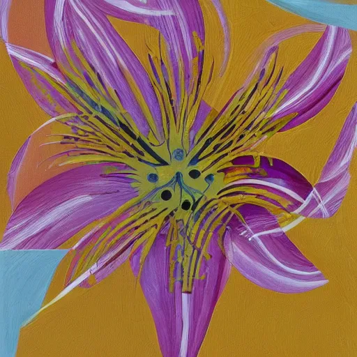 Prompt: an abstract and detailed painting of a lilies buke made out of geometric shapes, using partly gold paint