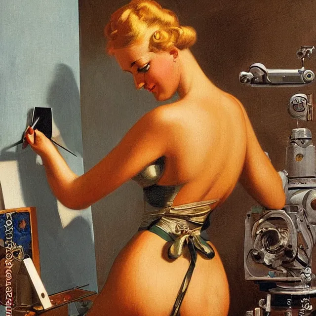 Image similar to robot artist painting a self - portrait on a canvas. intricate, highly detailed, digital matte painting in the style of gil elvgren and in the style of hans thoma. irony, recursion, inspiration.