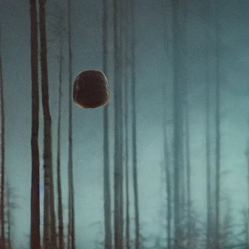 Image similar to grainy photograph of a hamburger-shaped UFO flying above a boreal forest