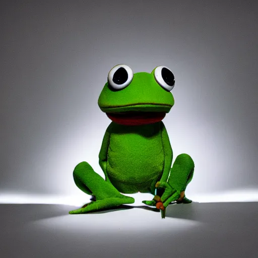 Image similar to pepe the frog as a muppet, product photography, commercial lighting