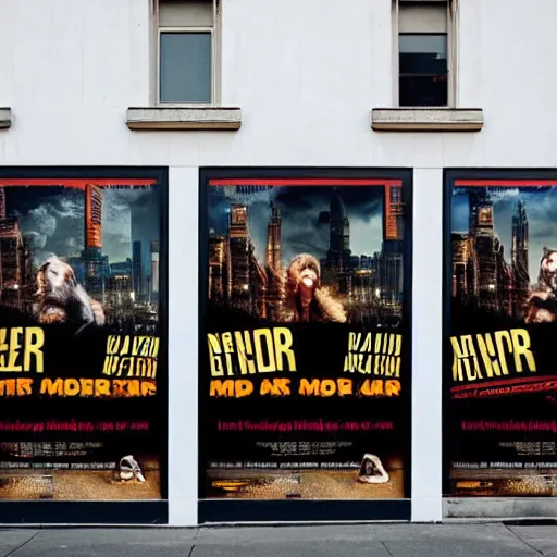 Image similar to 'poster billboards on the outside of a modern movie theater'