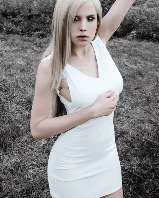 Image similar to 2 8 mm portrait of gorgeous emily skinner cosplaying annie leonhart wearing tight white dress, pale skin, rule of thirds, cinematic lighting, sharp focus, backlit, stunning, smooth, hard focus, glamour pose, full body shot, octane 8 k, higly detailed