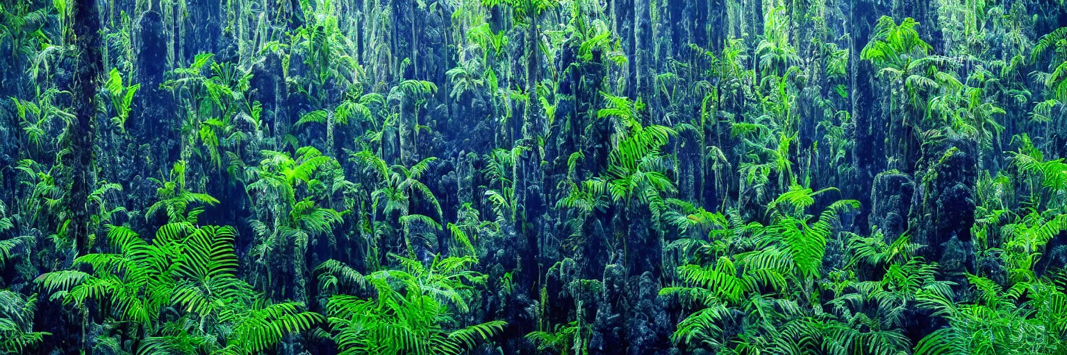 Prompt: basalt columns poke out of the dense rainforest, midnight in the deep jungle, blue lighting, tropical ferns, dense fog