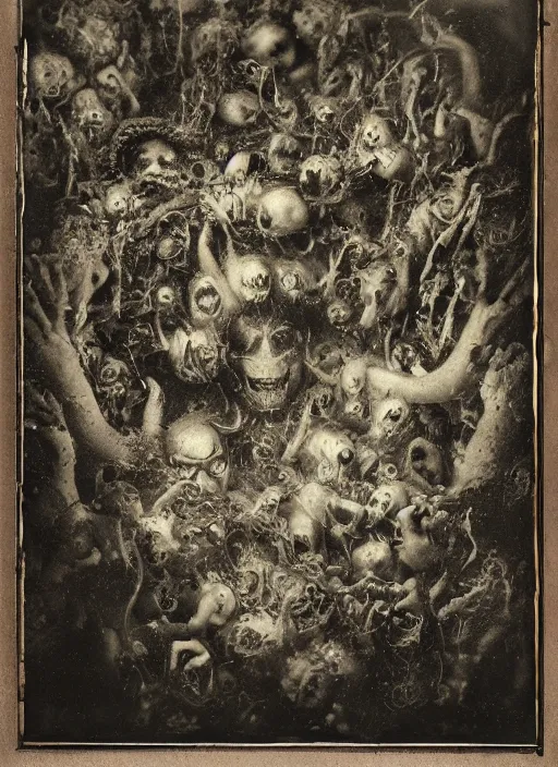 Image similar to old wetplate daguerreotype demons, devil, pain, anger, desolation, angel, divine, multiple faces, explosion of data fragments, fractal, intricate, elegant, highly detailed, parallax, leica, medium format, subsurface scattering, by jheronimus bosch and greg rutkowski and louis jacques mande daguerre