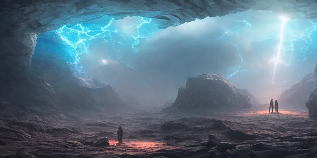Prompt: ancient alien portal, crowd of androids, beams of light from sky, wormhole, matte painting, dreamscape, global illumination, the great beyond, trending on artstation