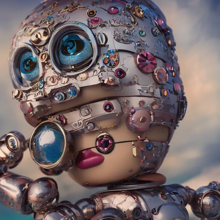 Prompt: closeup portrait of tin toy robot bikini girl trap, depth of field, zeiss lens, detailed, symmetrical, centered, fashion photoshoot, by nicoletta ceccoli, mark ryden, lostfish, breathtaking, 8 k resolution, extremely detailed, beautiful, establishing shot, artistic, hyperrealistic, octane render