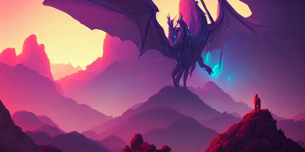 Image similar to a huge techno dragon sit on a mountain, landscape, science fiction fantasy, digital painting bioluminance alena aenami artworks in 4 k design by lois van baarle by sung choi by john kirby artgerm style pascal blanche and magali villeneuve