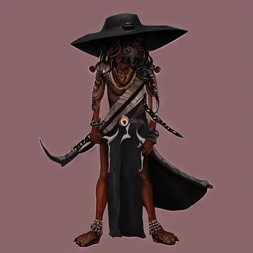 Image similar to anthropomorphic jackrayharengon with black skin, wearing stylized monk robes and a wide brimmed hat, digital art featured on artstation