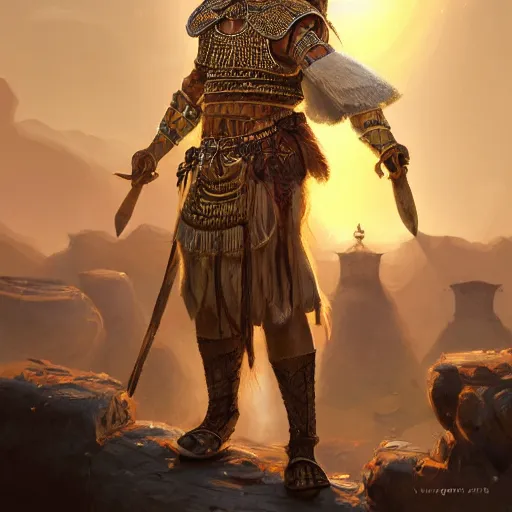 Image similar to clear portrait of moroccan warrior, adorable appearance!!!, golden hour, happy apearance, cottagecore!!, background hyper detailed, character concept, full body, dynamic pose, intricate, elegant, highly detailed, digital painting, artstation, concept art, smooth, sharp focus, illustration, art by artgerm and greg rutkowski and alphonse mucha