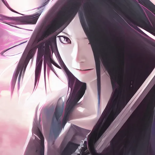 Prompt: advanced digital anime art, cyberpunk girl with silver and red eyes with long black hair wielding a katana , painted by RossDraws in the style of Makoto Shinkai, very high detail, medium sensor , Gaussian blur, f/15 , 35mm —W 1920 —H 1080