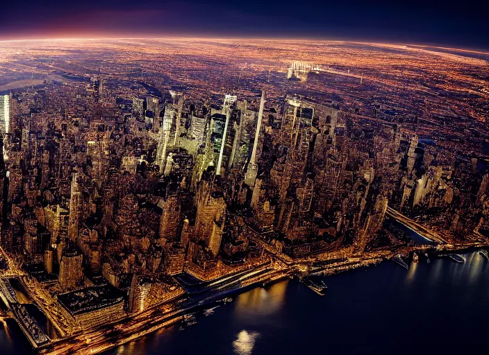 Image similar to film still of the moon breaking into pieces over manhatten in the new disaster movie, 8 k, night time