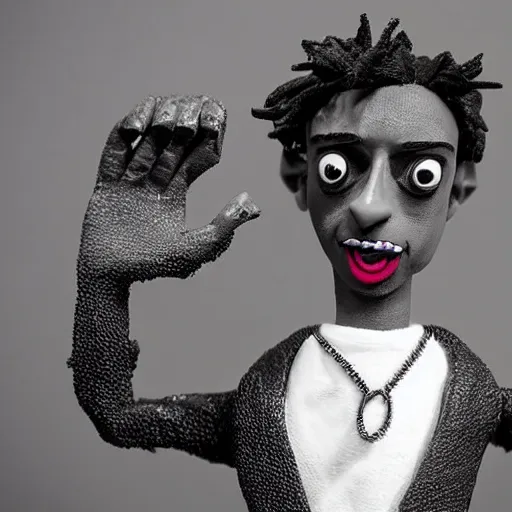 Image similar to a cartoon claymation medium close up sculpture of Playboi Carti, in the style of Tim Burton, black and white, high contrast