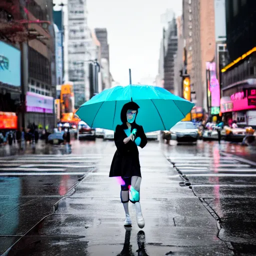 Prompt: hatsune miku cosplayer walking down a rainy new york city street, ef 8 5 mm f 1. usm