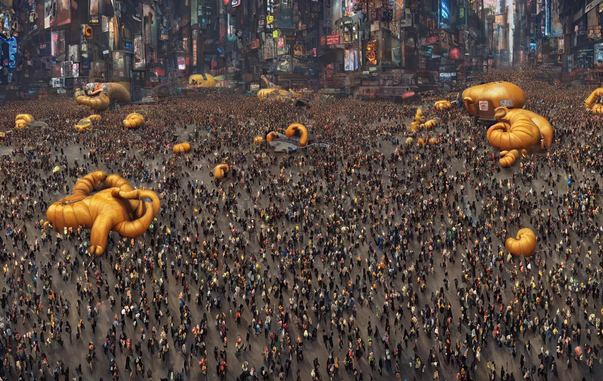 Prompt: photograph a crowd of people connected to a mammoth algorithm machine. new york thanksgiving parade by shaun tan, slim aarons, zhang kechun, national geographic. octane render. in the style of the fifth element, cyberpunk 2 0 4 9.