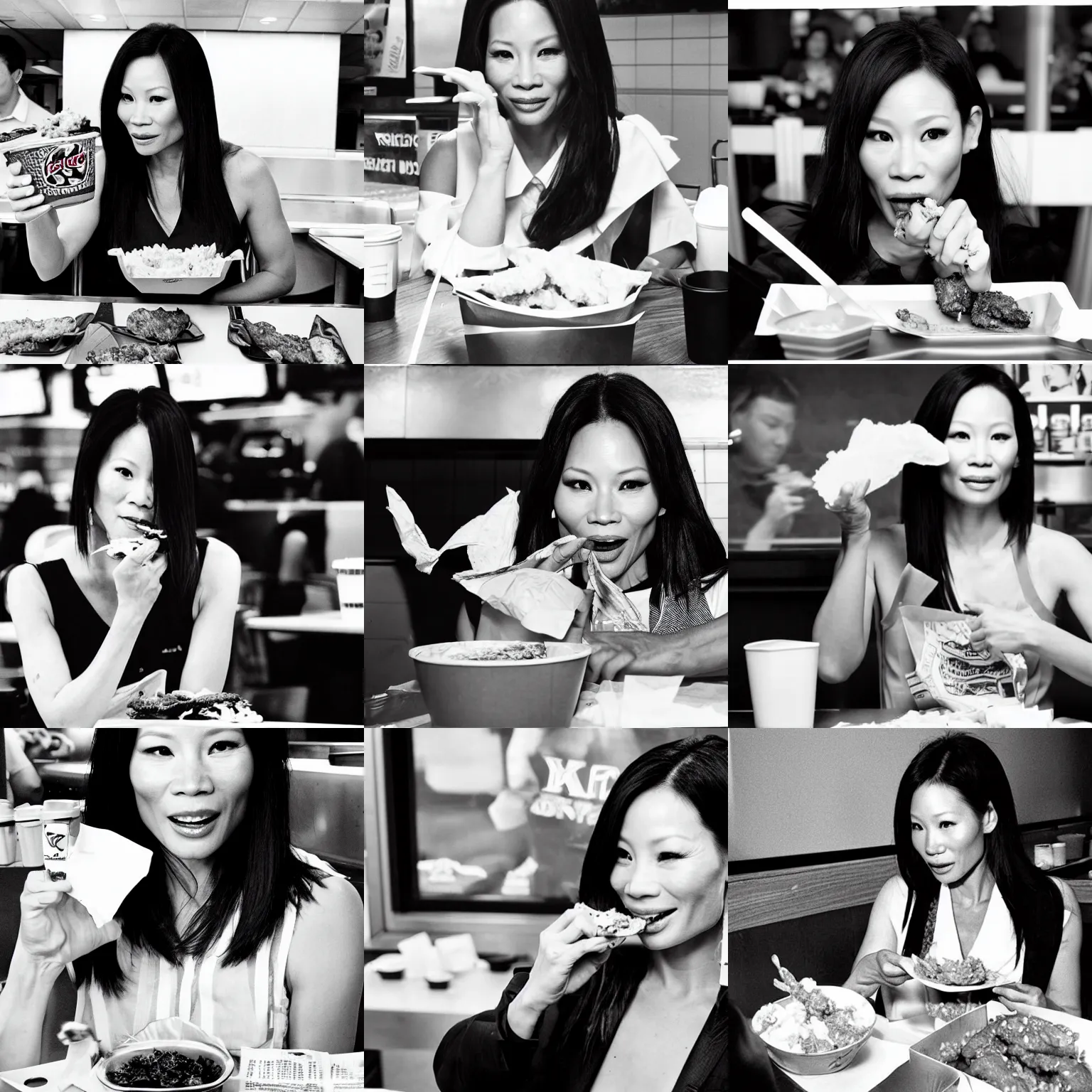 Prompt: lucy liu eating wings at KFC making a mess, photography, black and white