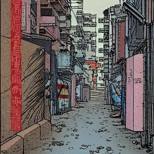 Image similar to a man running down an alley in hong kong, art by moebius