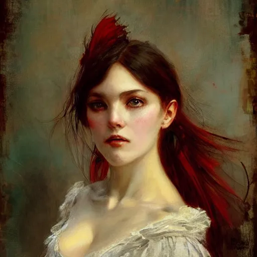 Image similar to Jean-Baptiste Monge and Solomon Joseph Solomon and Richard Schmid and Jeremy Lipking victorian genre painting portrait painting of a young beautiful woman marverl DC comic book character fantasy costume, red background