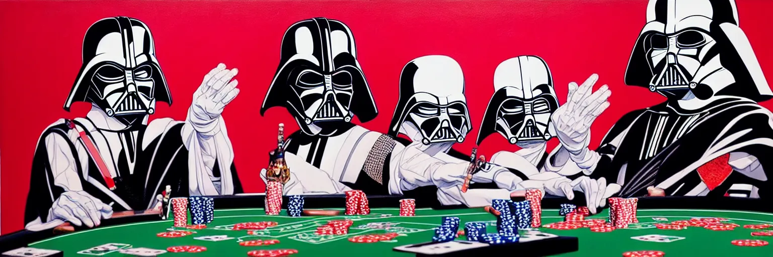 Image similar to hyperrealism composition of the detailed woman in a japanese kimono sitting at an extremely detailed poker table with darth vader and stormtrooper, fireworks on the background, pop - art style, jacky tsai style, andy warhol style, acrylic on canvas