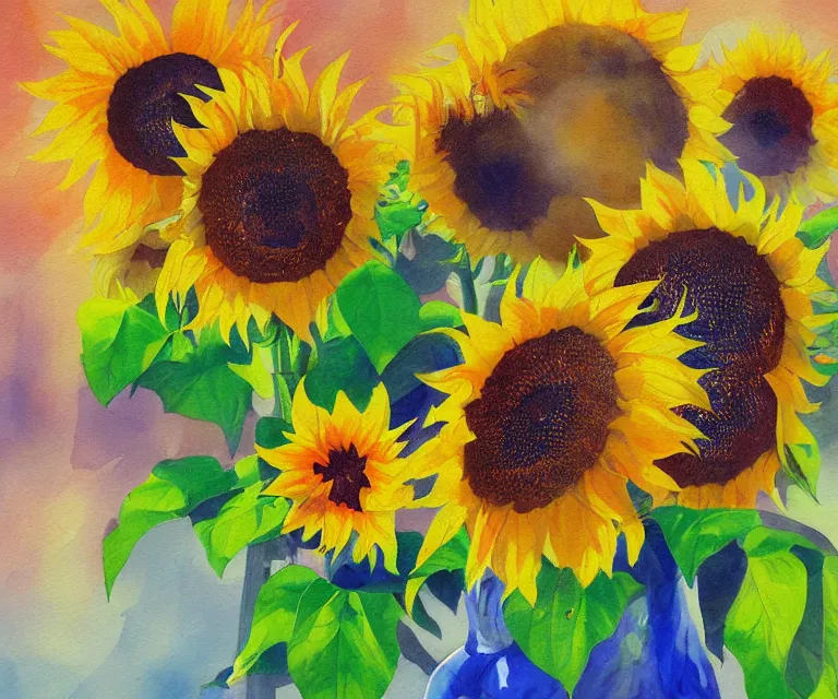 Image similar to sunflowers, william henrits, hovik zohraybyan, water painting, bright colors, sunlight, happy, peaceful, serene, joy