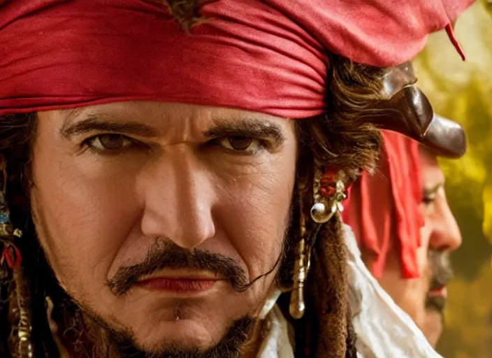 Image similar to ethan kline as a flamboyant pirate, movie still, from the new pirates of the caribbean movie, 8 k, realistic