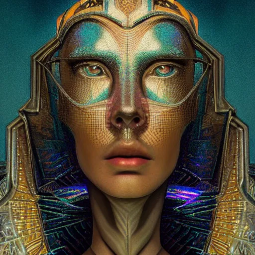 Prompt: a baroque neoclassicist closeup renaissance portrait of a robot queen with moth wings with iridescent geometric patterns, reflective detailed textures, dark fantasy science fiction painting by diego rivera and jean delville and nicholas roerich and sam spratt, dramatic lighting, gleaming silver and soft muted colors, artstation, octane render