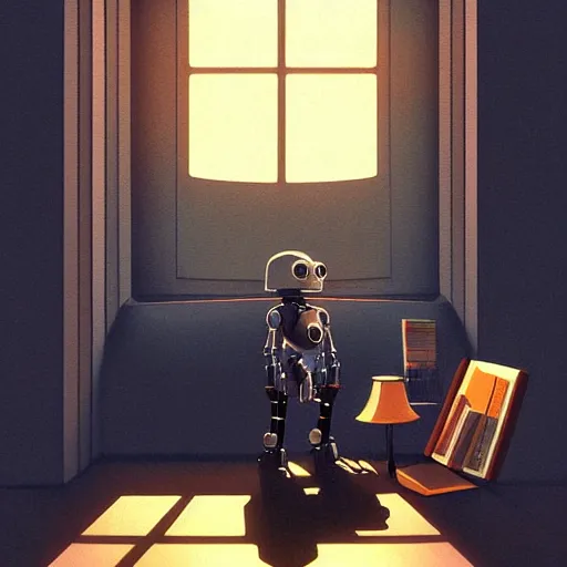 Image similar to digital painting of a droid robot reading a book, concept art, by Ralph mcquarrie, sunlight pouring through window, large scale, high detail, futuristic, godrays, volumetric lighting, warm lighting