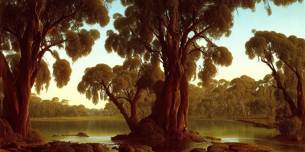 Prompt: painting of a old bluegum tree next to a meandering river by alexei savrasov and thomas cole, artstation