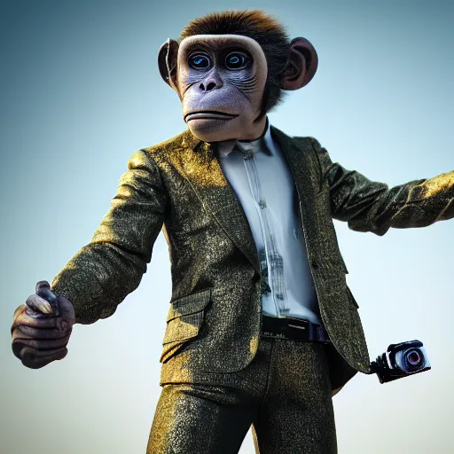 Prompt: Photography of ultra mega super hyper realistic detailed monkey by Hiromasa Ogura wearing cyberpunk style suit . Photo shoot from 30 meters distance on Leica Q2 Camera, Rendered in VRAY and DaVinci Resolve and MAXWELL and LUMION 3D, Volumetric natural light. Wearing cyberpunk suit with many details by Hiromasa Ogura .Rendered in VRAY and DaVinci Resolve and MAXWELL and LUMION 3D, Volumetric natural light