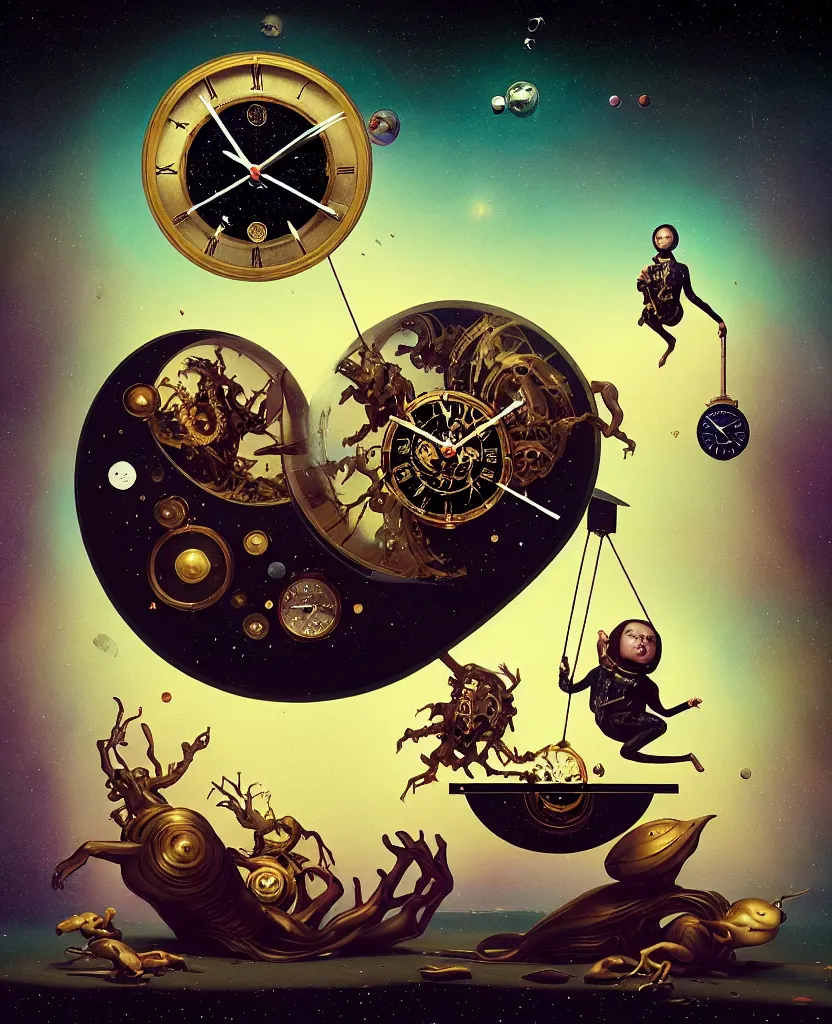 Image similar to duotone surreal illustration 3 / 4 portrait of chimeric monster measuring time on salvadore dali clock in outer space, dark starry background. golden ratio accidental renaissance. by sachin teng and sergey kolesov and ruan jia and heng z. graffiti art, scifi, fantasy, hyper detailed. octane render. concept art. trending on artstation