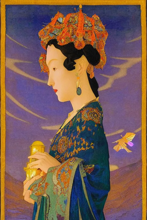 Prompt: queen of the dawn with her lantern and birds, by Nicholas Roerich and jean delville, elaborate headdress and embroidered velvet, iridescent beetles, rich color, dramatic cinematic lighting, extremely detailed